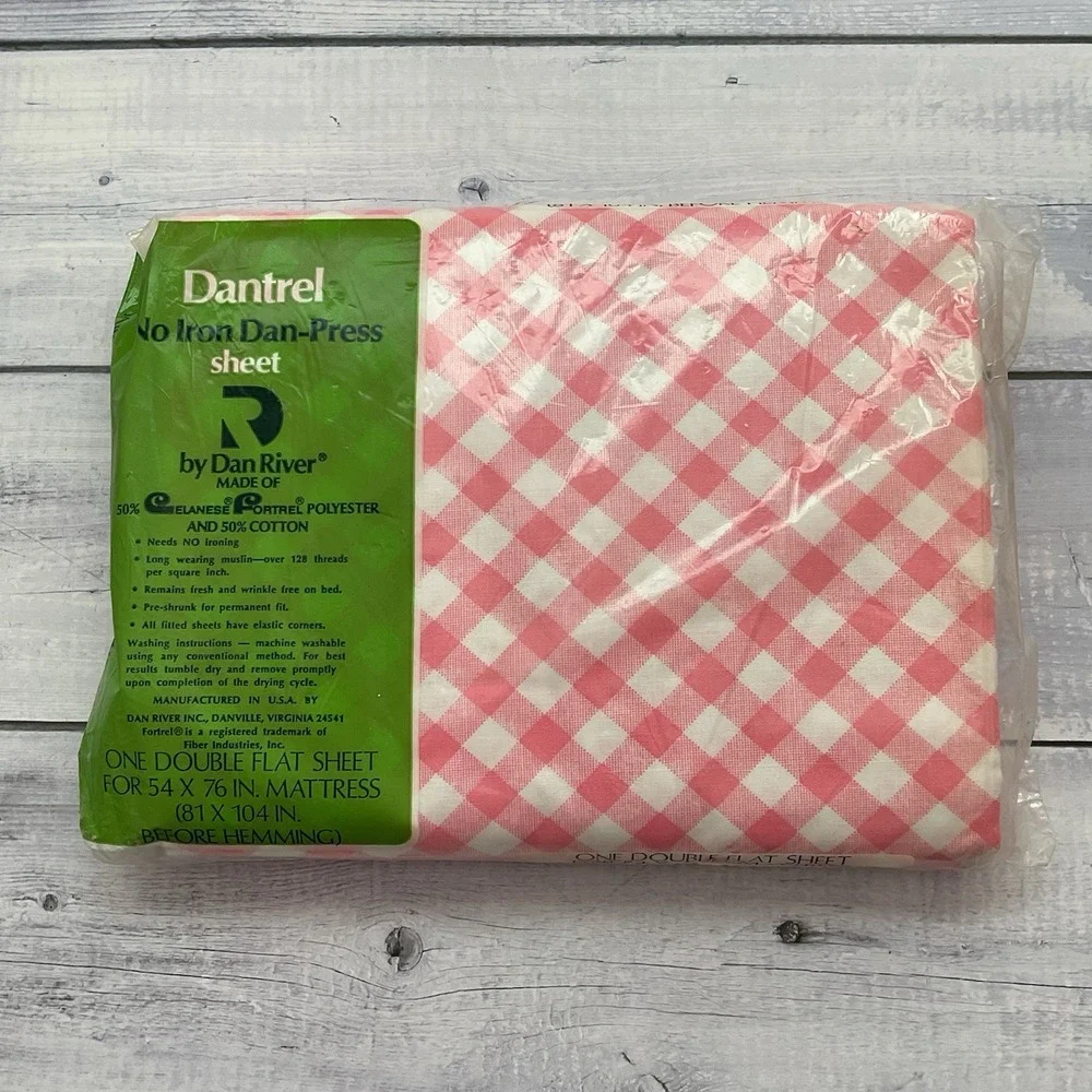 Dantrel Dan River Double Sheet Set Flat Fitted‎ Pillowcases Pink White Check VTG